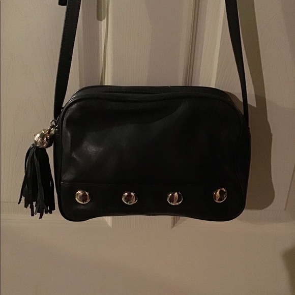 VINTAGE LAMBSKIN BLACK LEATHER HANDBAG W GROMMETS - Picture 2 of 3